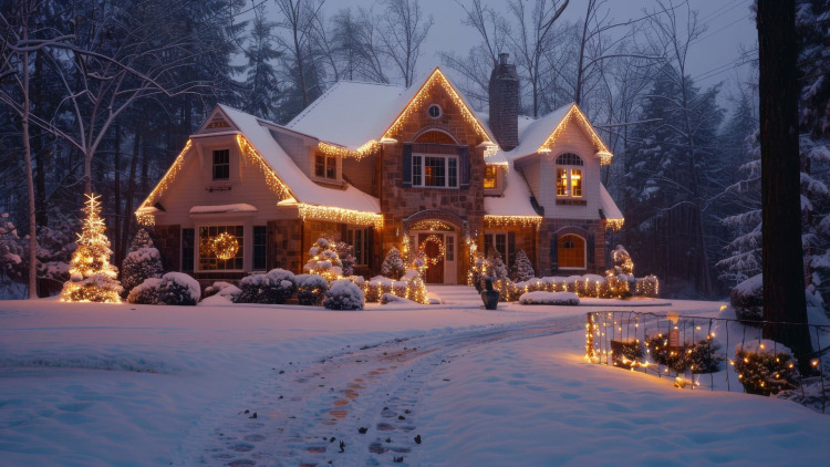 Christmas lights on a home exterior.