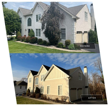 before & after of norristown home stucco remediation and siding replacement